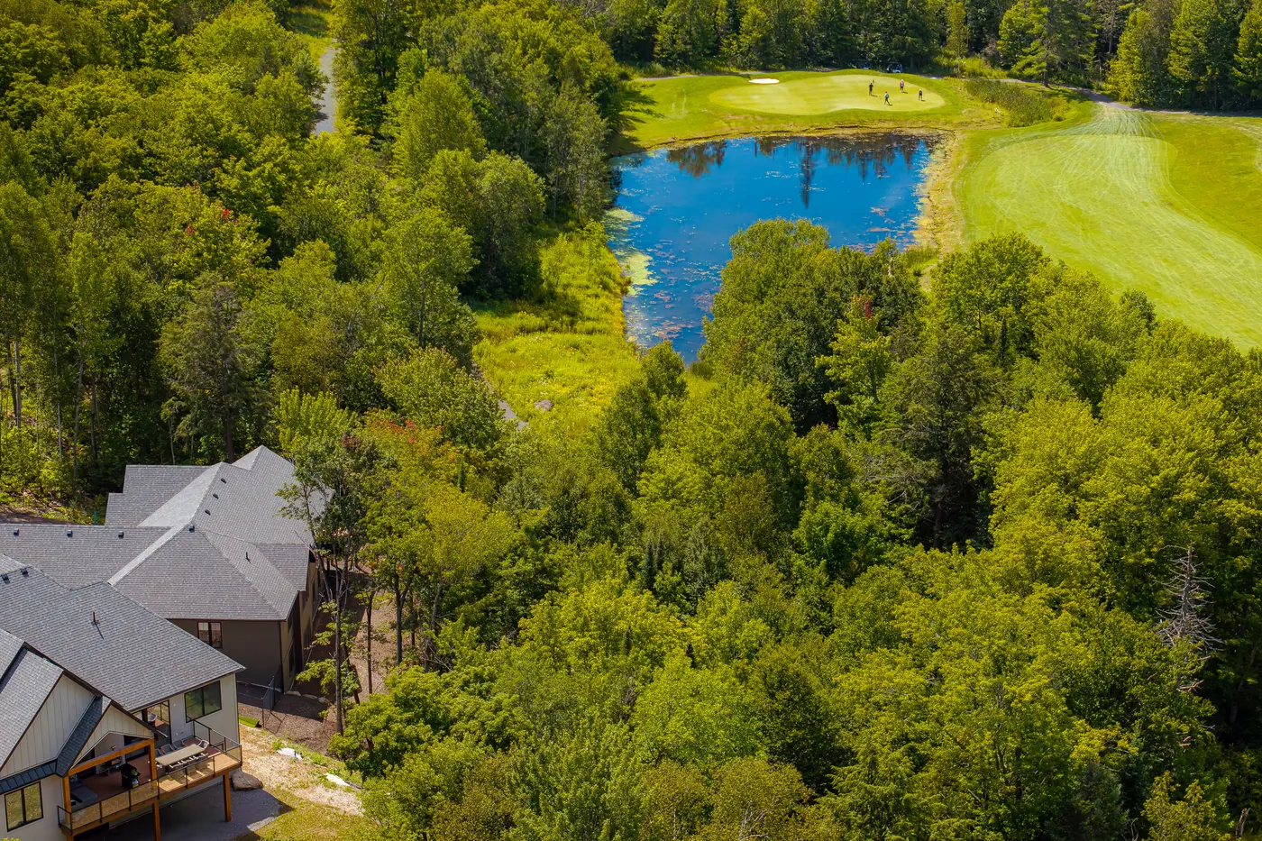 Aerial view of a pond and green at the Deerhurst Highlands golf course with golfers, a finished home at the lower left
