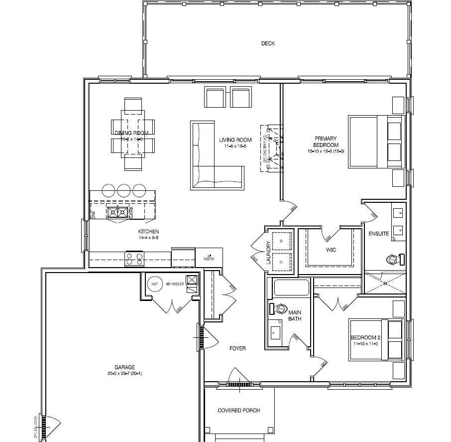 Main floor plan of The Glen Eagle, 1,470 square feet, two bedrooms and two bathrooms with attached two-car garage