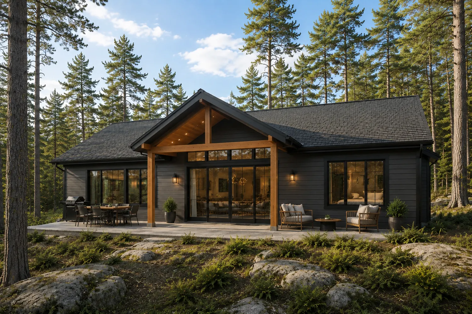 Rear exterior of The Glen Eagle showing the full-width deck and great room glazing