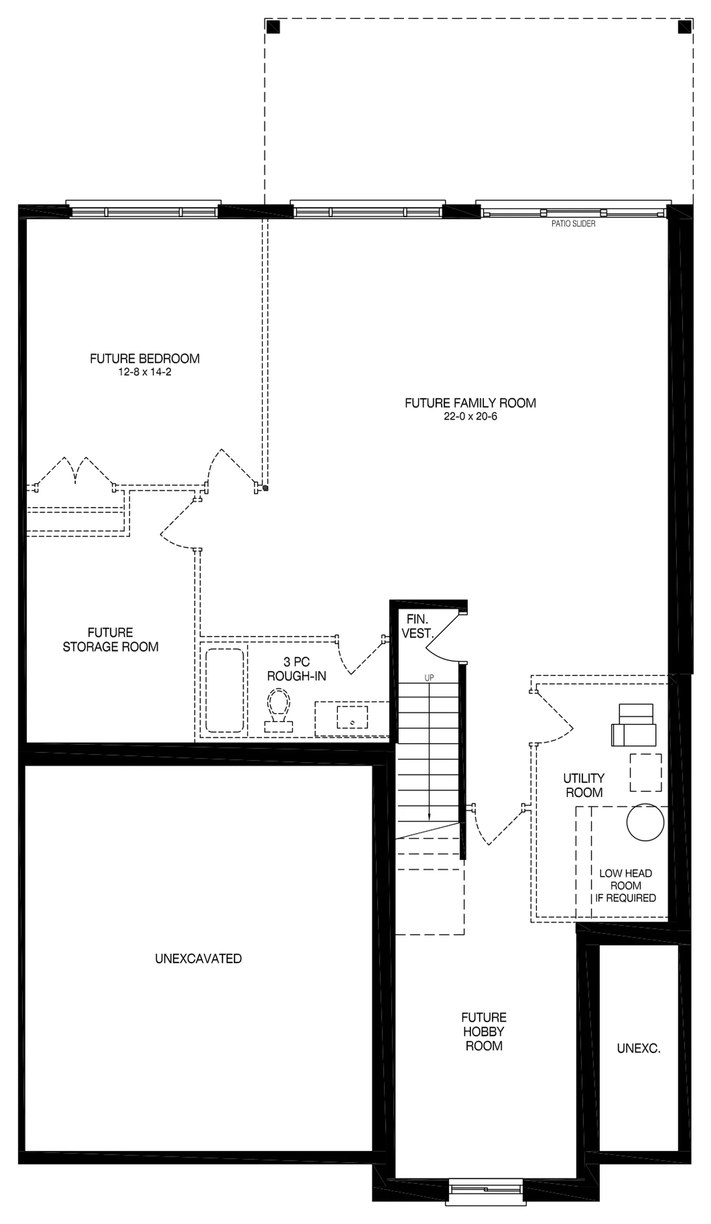 Basement floor plan of the exterior townhome unit, 1,293 square feet optional finished