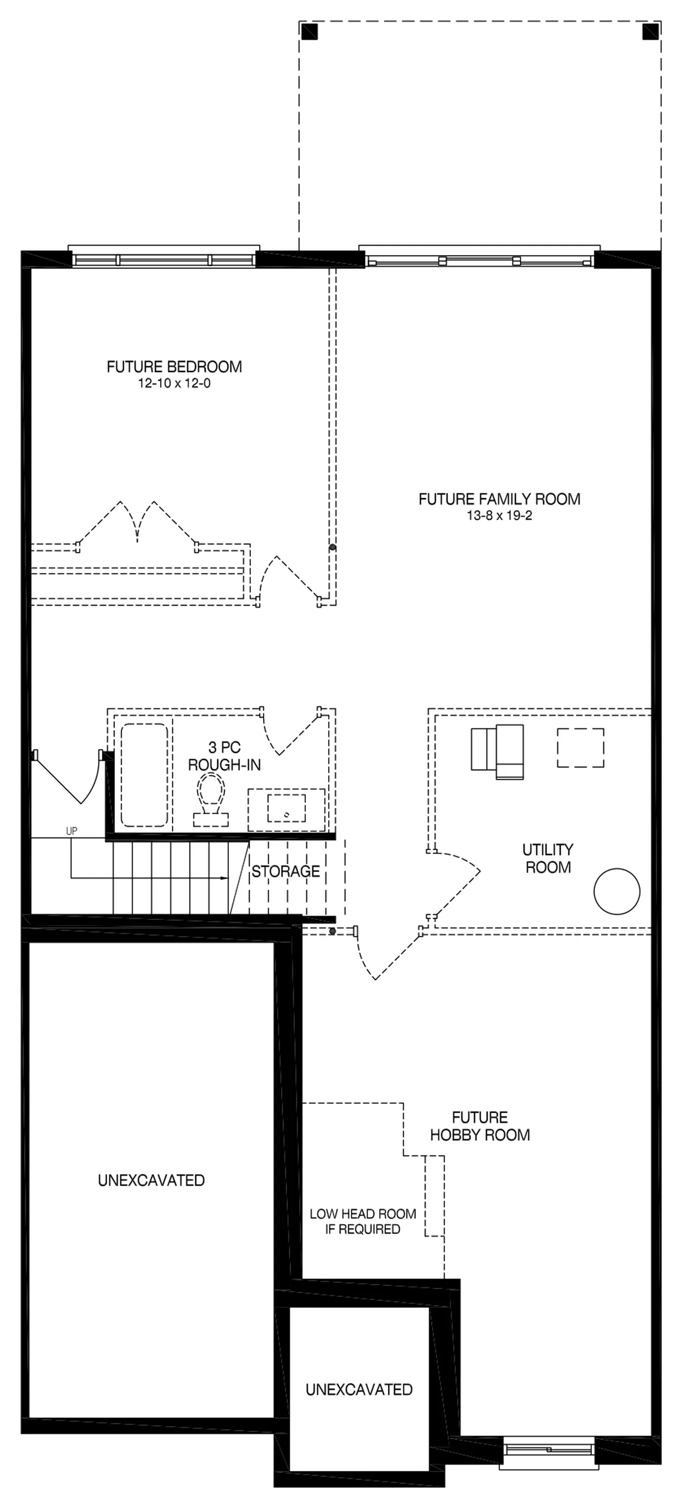 Basement floor plan of the interior townhome unit, 1,070 square feet optional finished