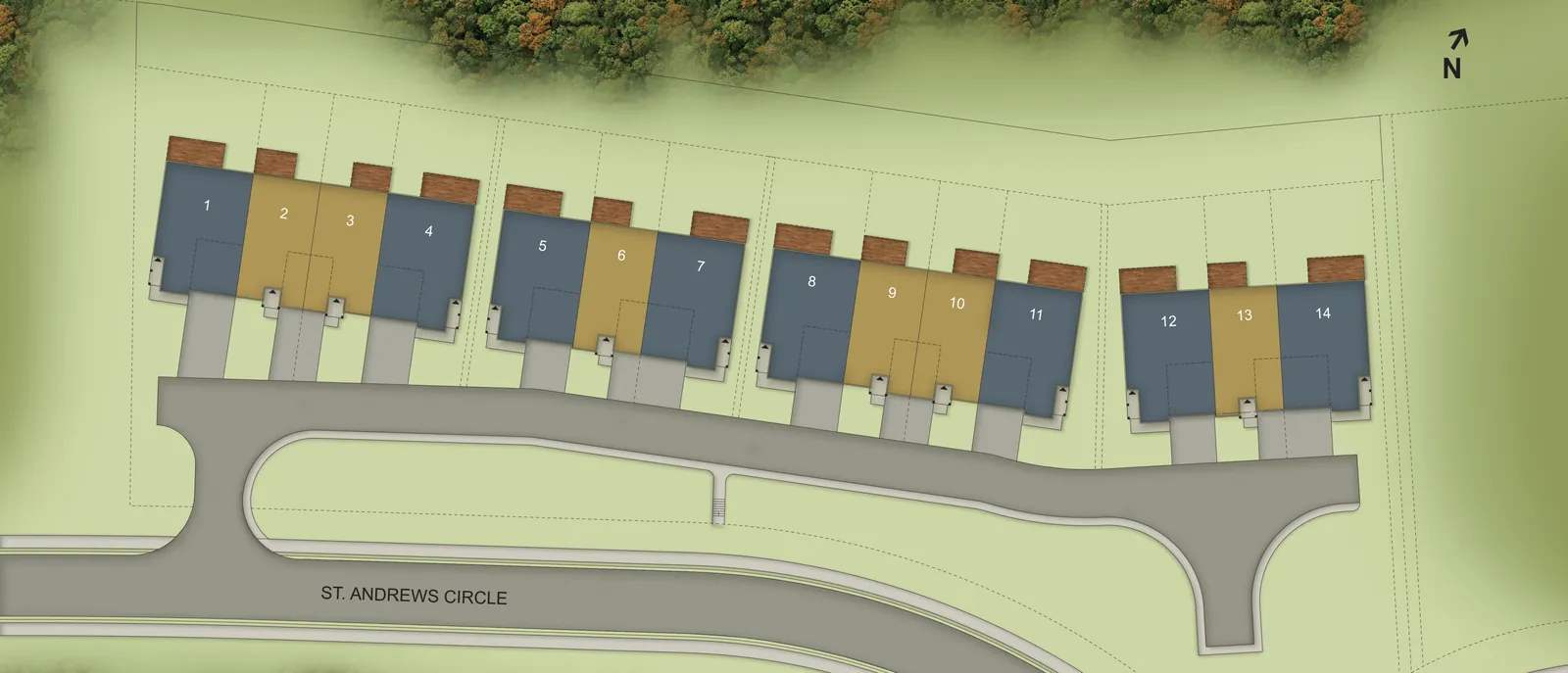 Site plan of the Deerhurst townhomes on St. Andrews Circle, showing units 1 to 14 with exterior units shaded blue and interior units shaded gold